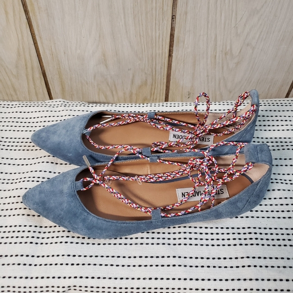 Steve Madden Womens Emilie Ballet Flats Blue Suede Ankle Strap Lace Up Shoes 7.5 - Picture 5 of 8